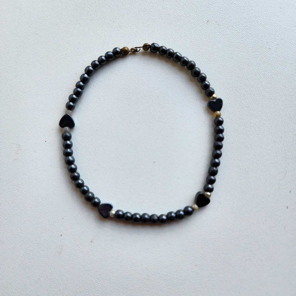 Vintage Gorgeous Bracelet Black Gold Hearts Beaded - 8.5"